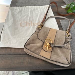 Chloe Lexa Crossbody Bag Suede Leather Medium Flap Key Taupe Beige Gray Gold HW